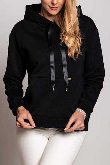 Kokvilnas džemperis ar kapuci un platām lentītēm ''Kamaria'', melns