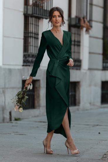 Eleganta 3/4 piedurkņu volānveida kleita ''Brynlee'', tumši zaļa