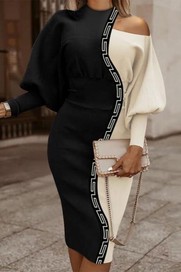 Eleganta midi kleita ar ģeometrisku apdruku, melna-bēša