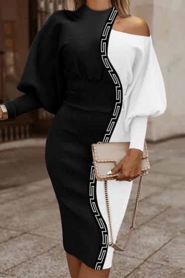 Eleganta midi kleita ar ģeometrisku apdruku, melnbalta