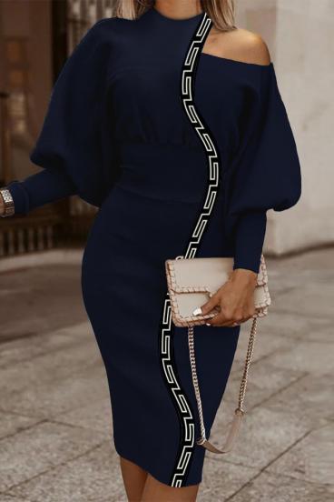Eleganta midi kleita ar ģeometrisku apdruku, zila