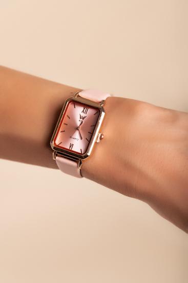 Elegants pulkstenis ar ādas imitācijas siksniņām, gaiši rozā