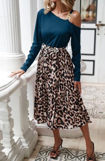 Midi kleita ar leoparda apdruku, petrol krāsā