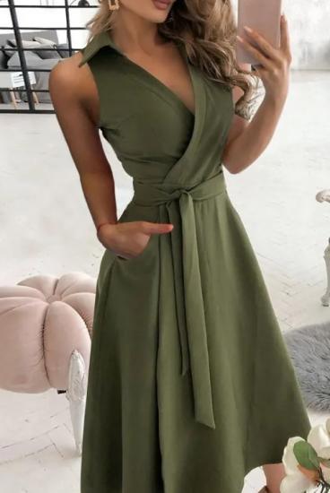 Eleganta midi kleita ar dekoratīvu jostu, olīvzaļa